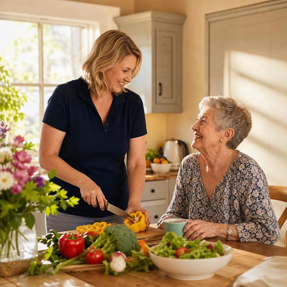 Homemaker preparing a healthy meal in a sunny kitchen
