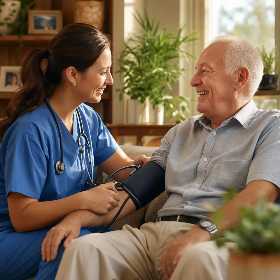 Nurse checking a senior man's blood pressure at home