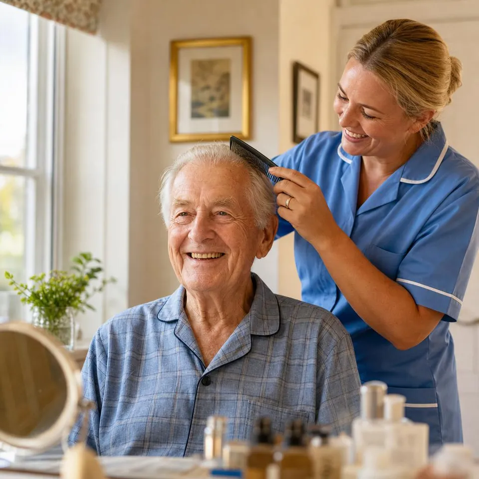 Caregiver helping an elderly man with grooming