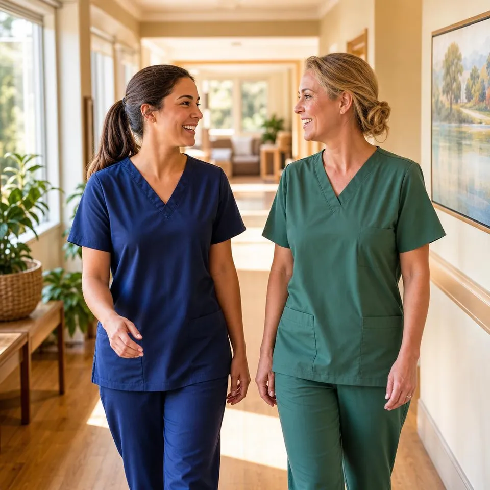 Two caregivers walking through a bright assisted-living hallway